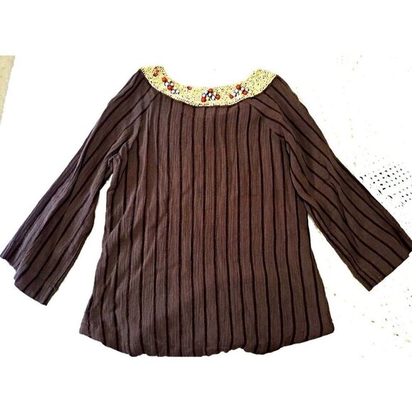 Soft Surroundings Tops - Soft Surroundings L Brown Scoop Neck 3/4 Sleeve Beaded Neckline Tunic Top
